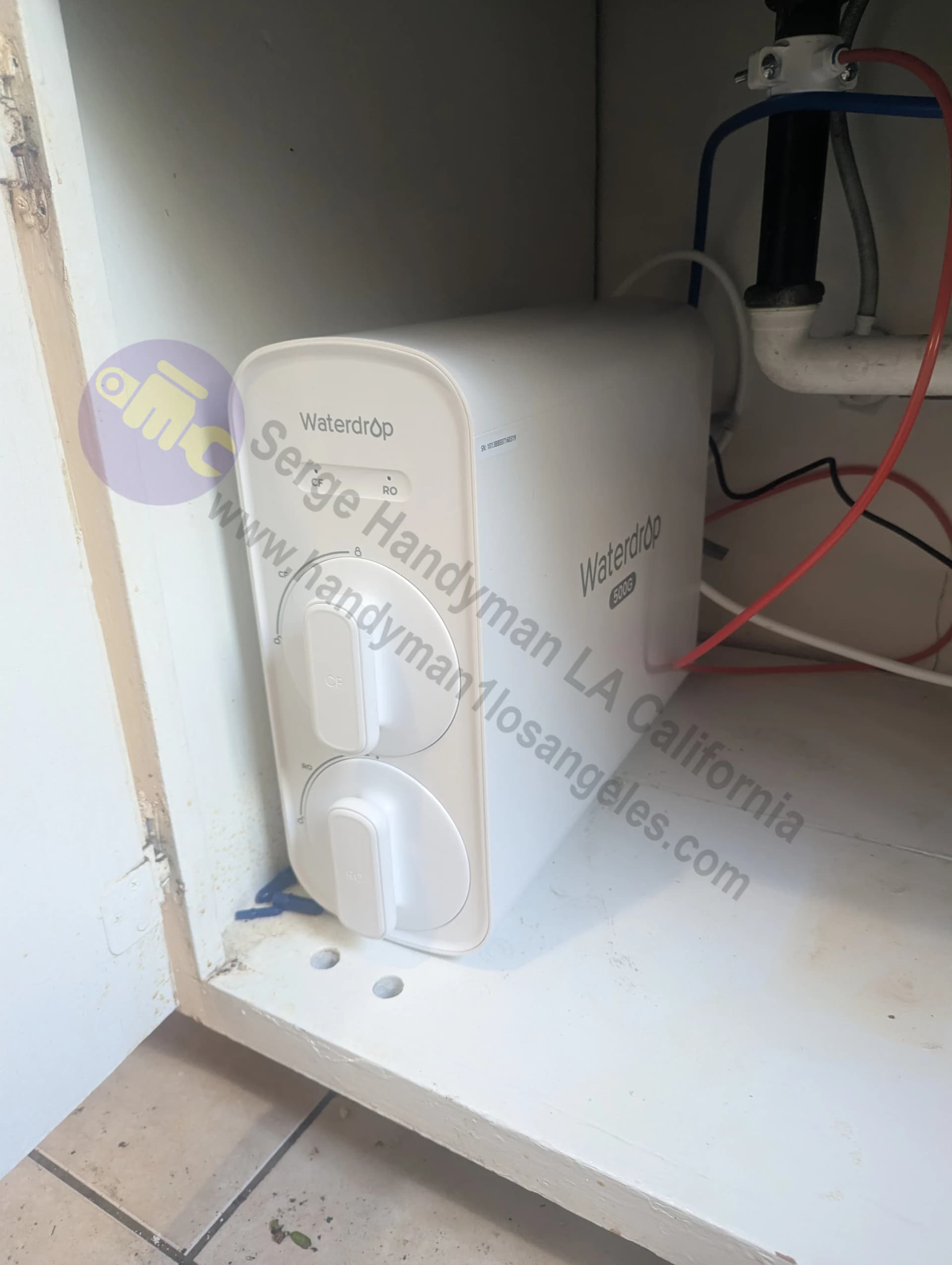 Waterdrop reverse osmosis water filter installed under kitchen sink in Arcadia California